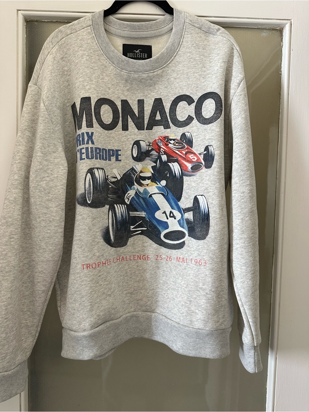 Hollister Men's Crewneck Sweatshirt with Monaco Racing Graphic - Light Gray